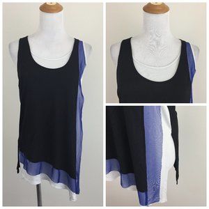 BCBGMAXAZRIA White Black Blue Colorblock Overlay Slit Hem Sleeveless Top